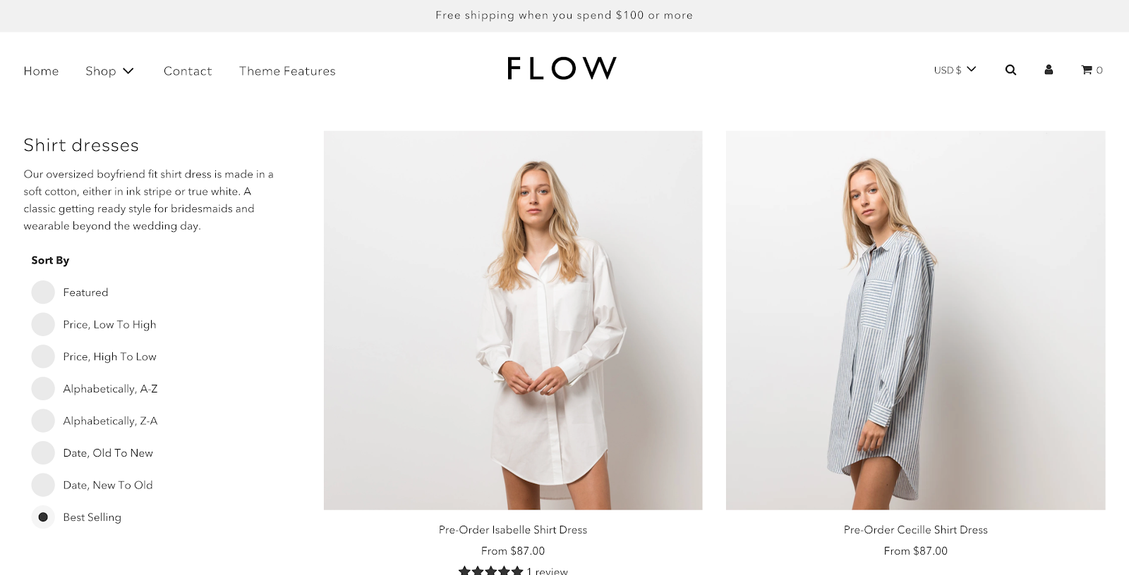 a product page listing of flow which is one of the best paid themes for fashion