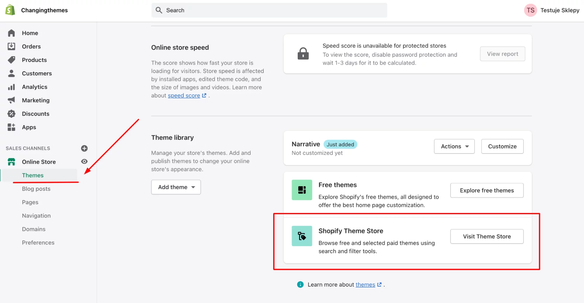 A screenshot of Shopify admin panel that shows when you can access free themes