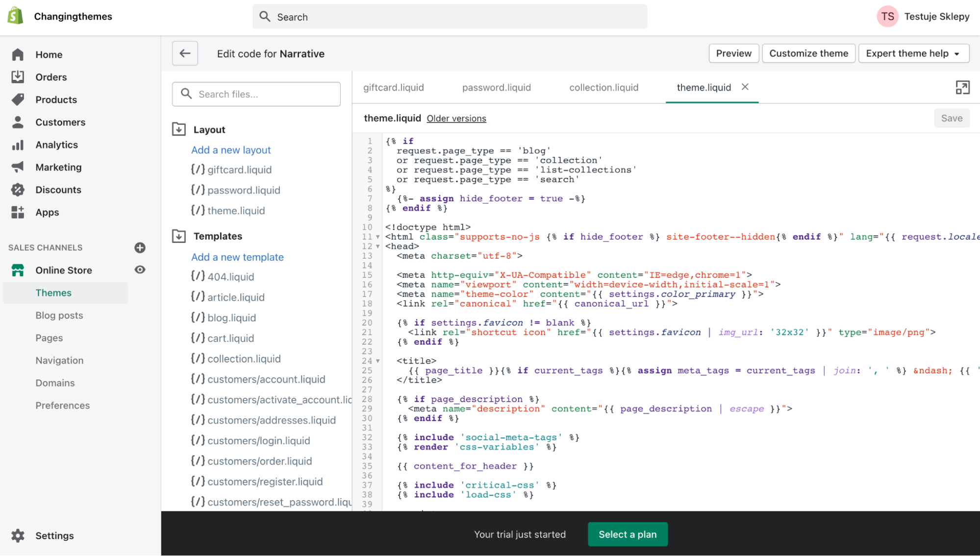 Screenshot of Shopify theme editor where you can edit HTML, CSS