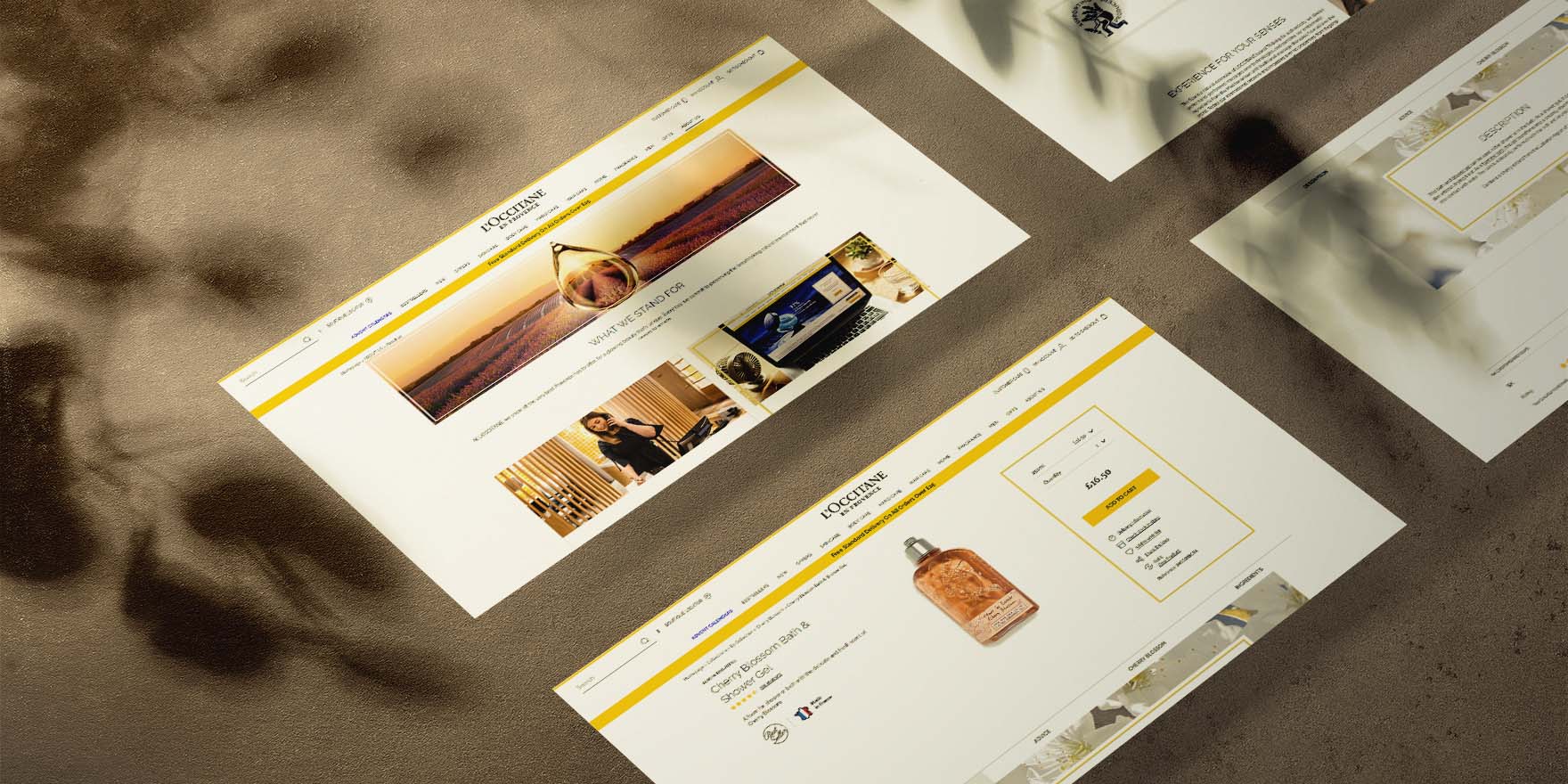 Overhead view of sections from a Shopify theme designed by WeCanFly agency, showcasing product images, branding elements, and site navigation, laid out on a textured sandy background.