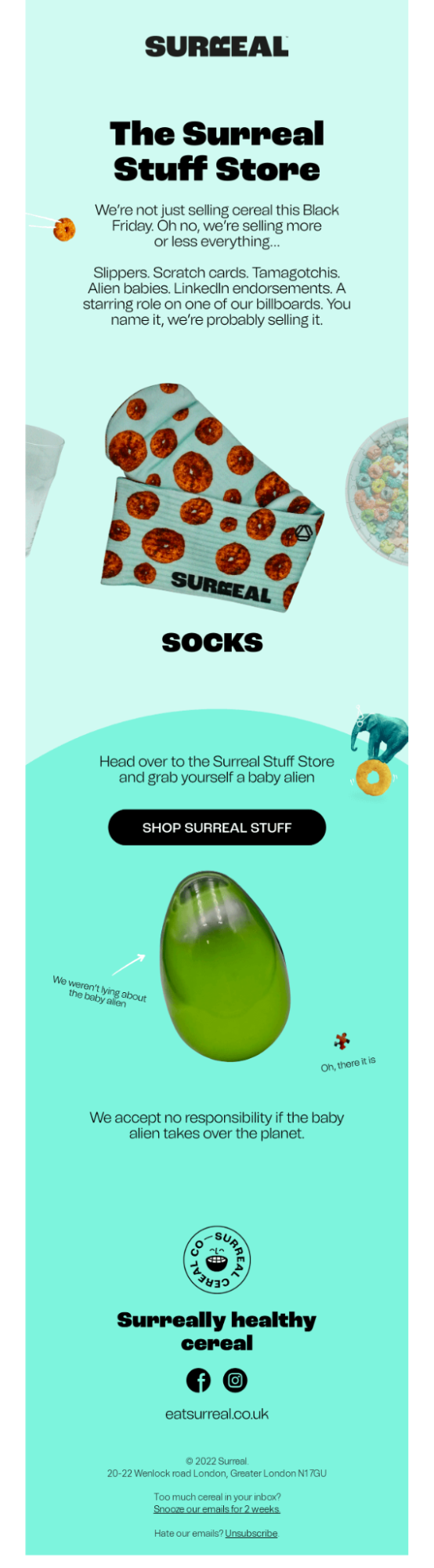 e-mail newsletter example - surreal stuff store