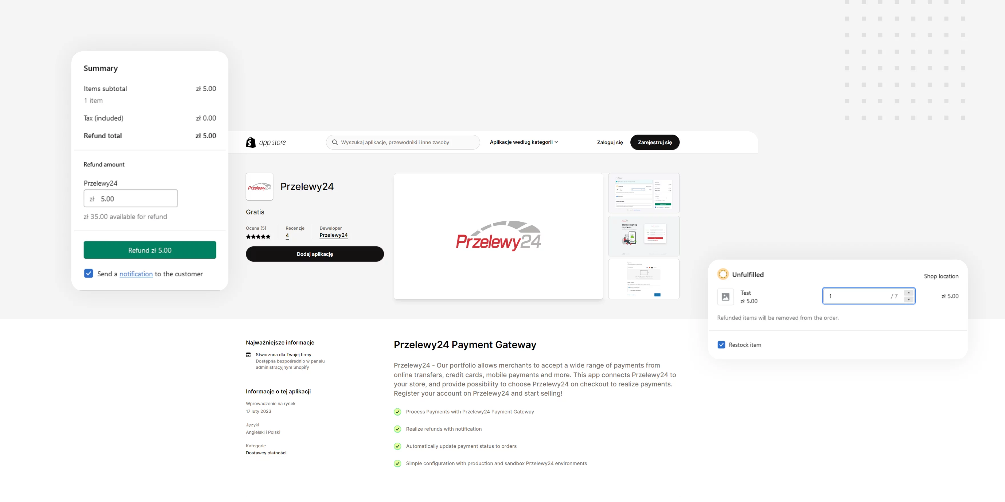 Przelewy24 app in the Shopify App store
