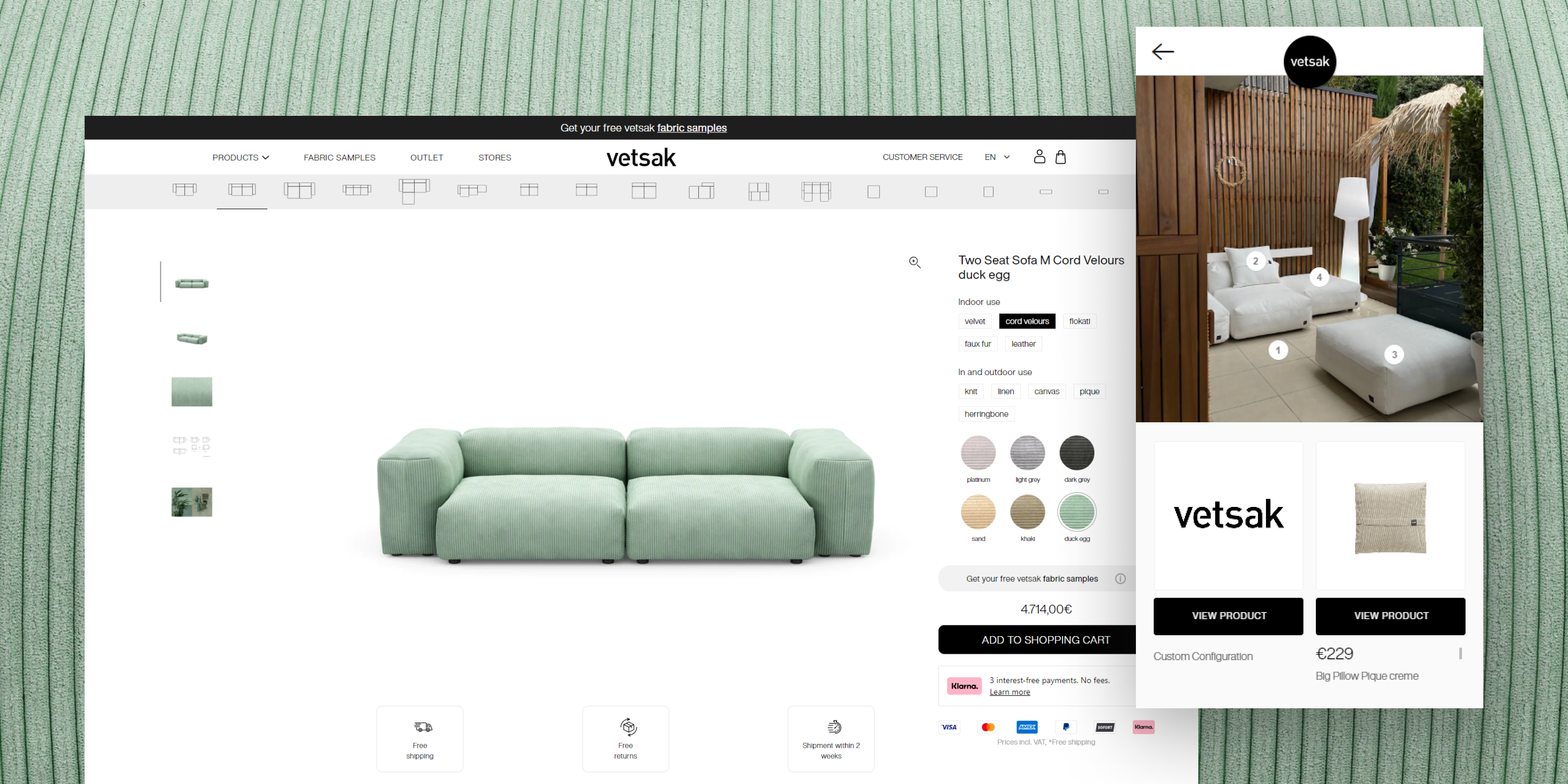 screenshot of the 'vetsak' online furniture store webpage theme designed by WeCanFly agency. The header promotes free fabric samples. On the main section, there's a close-up view of a 'Two Seat Sofa M Cord Velours' in duck egg color with various fabric options available. Adjacent is an outdoor setting featuring multiple white 'vetsak' seating options on a patio, numbered for product identification. The bottom section includes buttons for viewing products and a price tag of £229 for a 'Big Pillow Plaque' in creme.