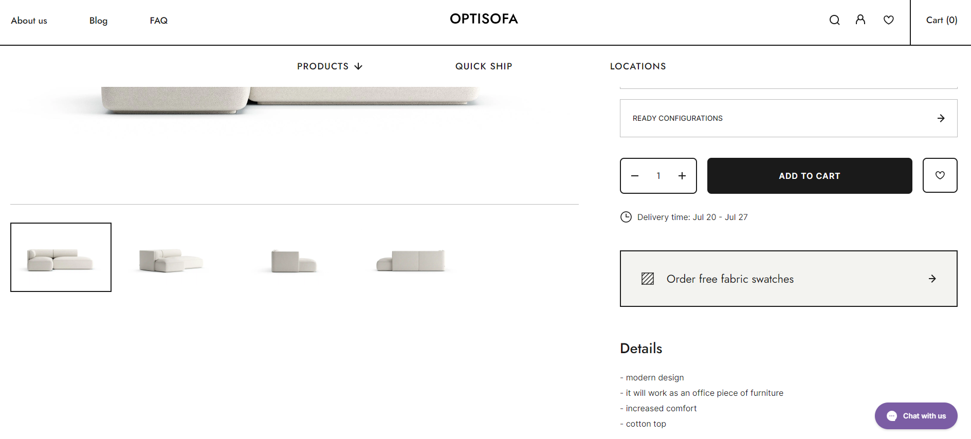 product page at optisofa website